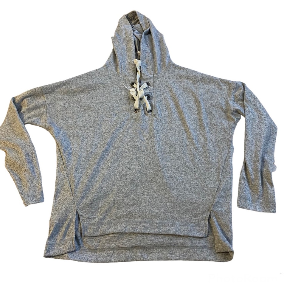 Moral Fiber crop Top with hoodie Gray XL Lace up Front Low Front Long Back.